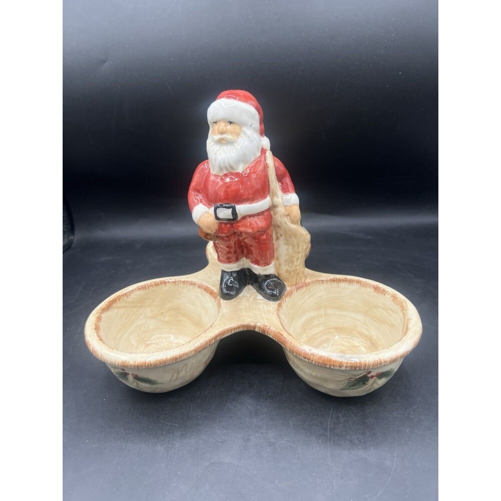 Vintage Maxcera Woodland Santa Double Condiment Dip Bowl Christmas Server 9.25”